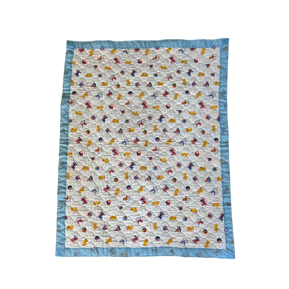 Vintage Baby Quilt Blanket Satin Trim Alphabet Teddy Bear Train Nursery‎ 34x44
